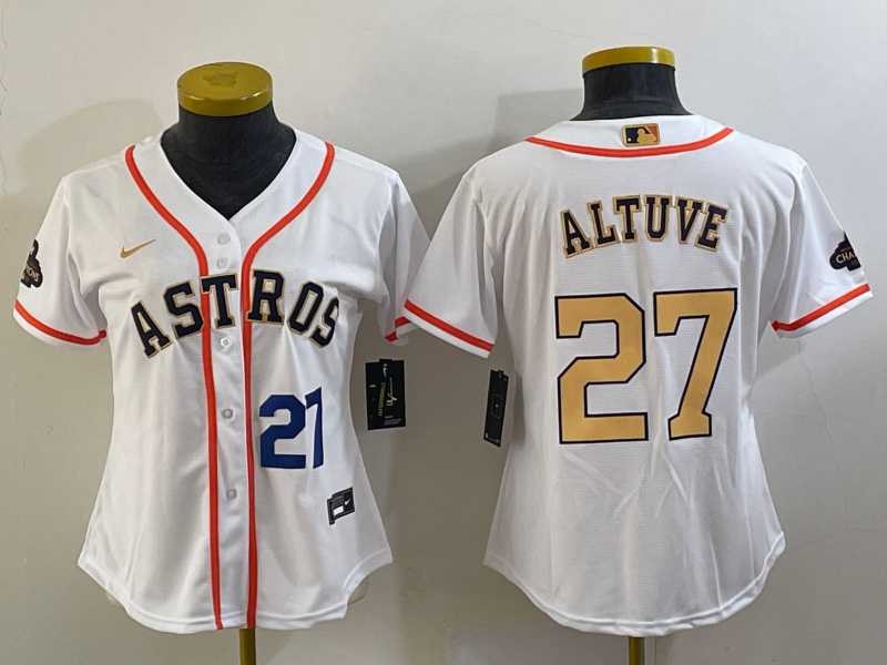 Women%27s Houston Astros #27 Jose Altuve Number 2023 White Gold World Serise Champions Patch Cool Base Jersey